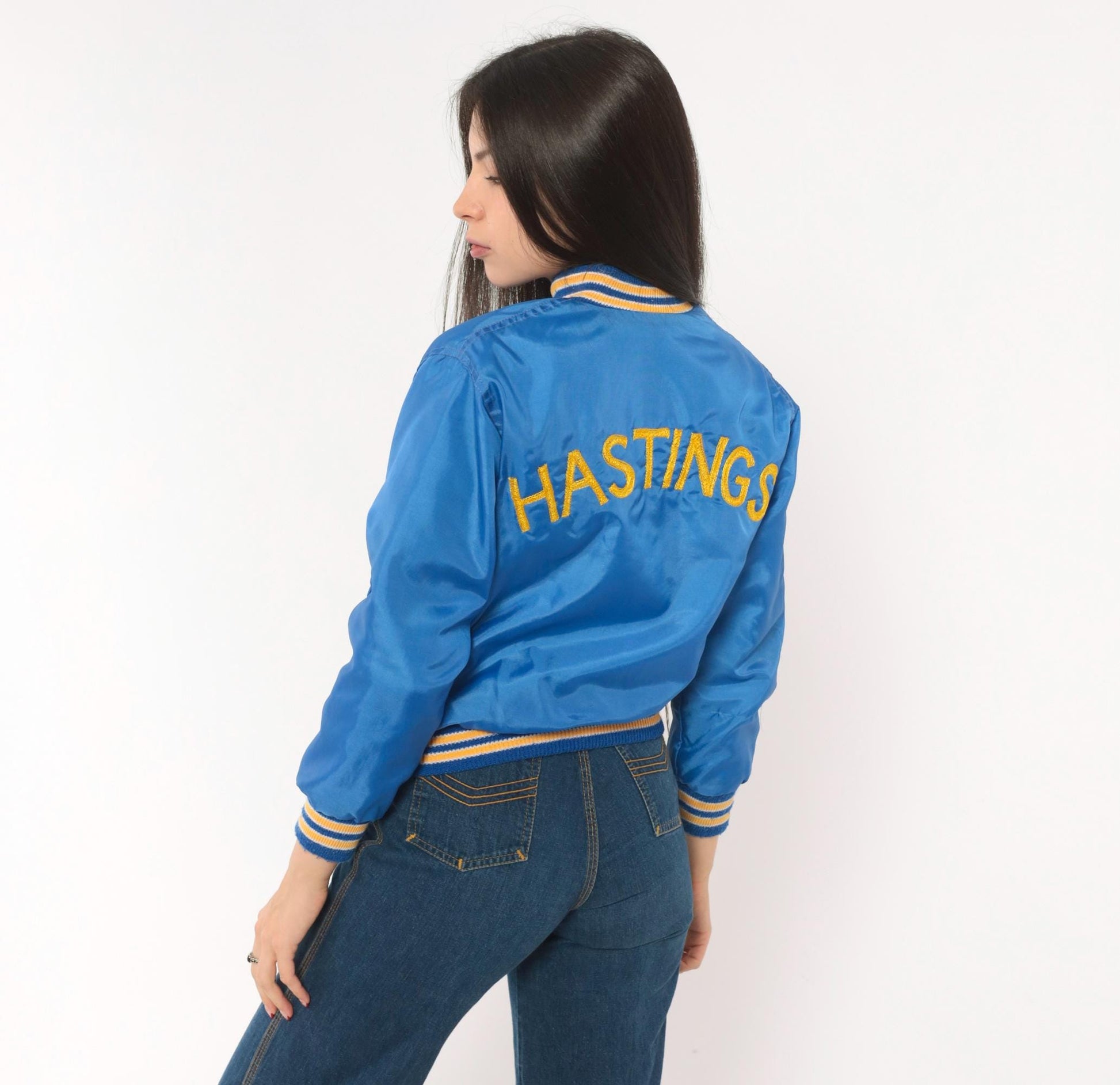 80s West Wind Royal Blue Satin Bomber Jacket Hastings Embroidered Gold Lined XS