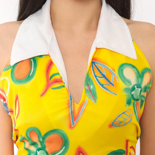 90s Double Fault Halter Top Yellow Floral Open Back Large L