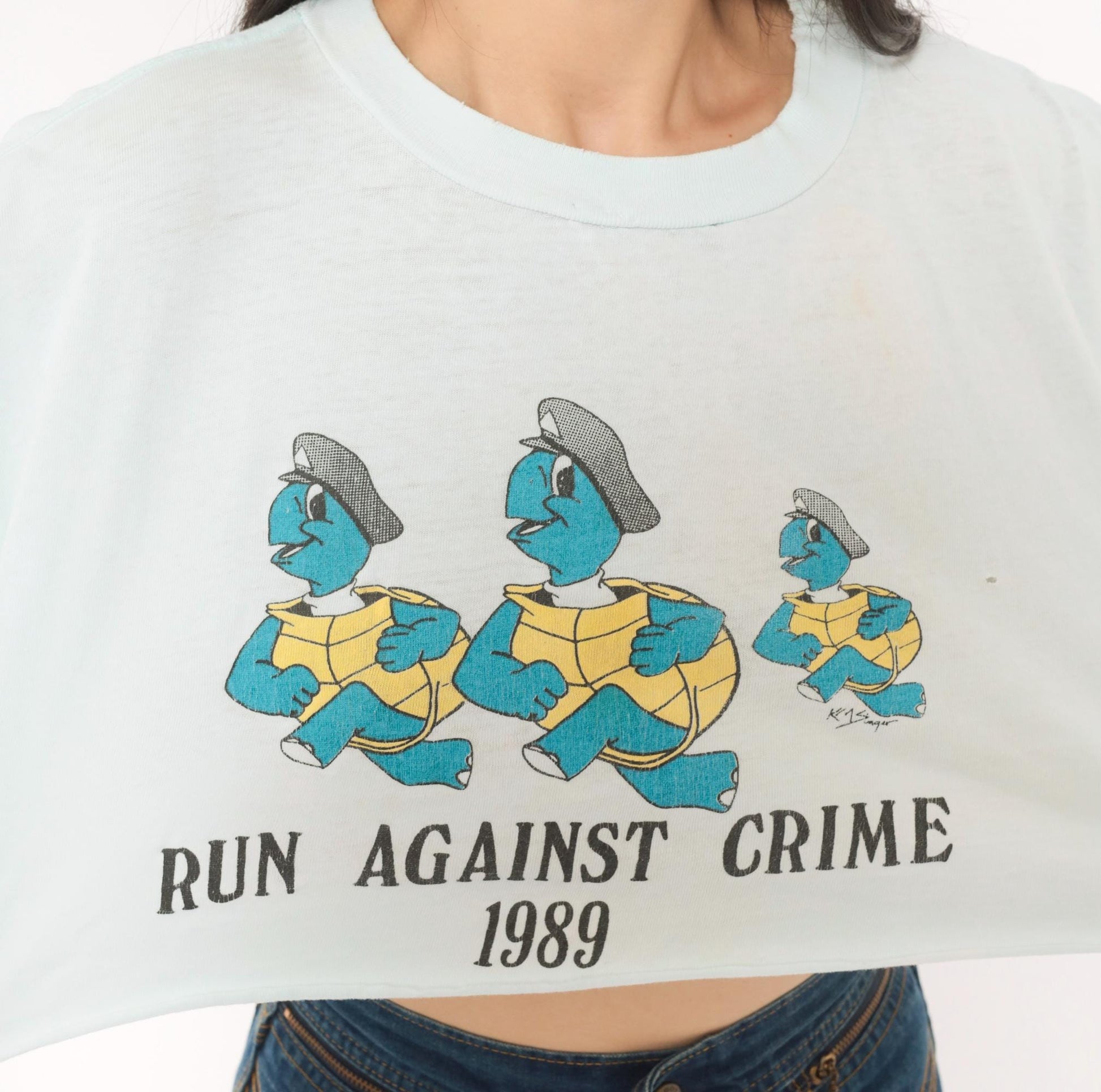 80s Run Against Crime 1989 Cartoon Turtle Police Crop Top Baby Blue Medium