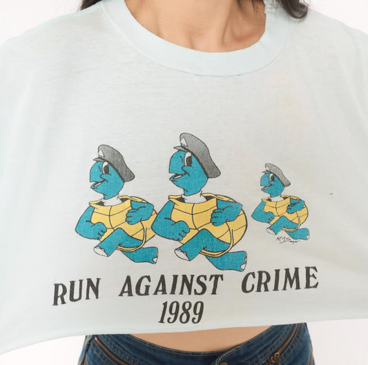 80s Run Against Crime 1989 Cartoon Turtle Police Crop Top Baby Blue Medium