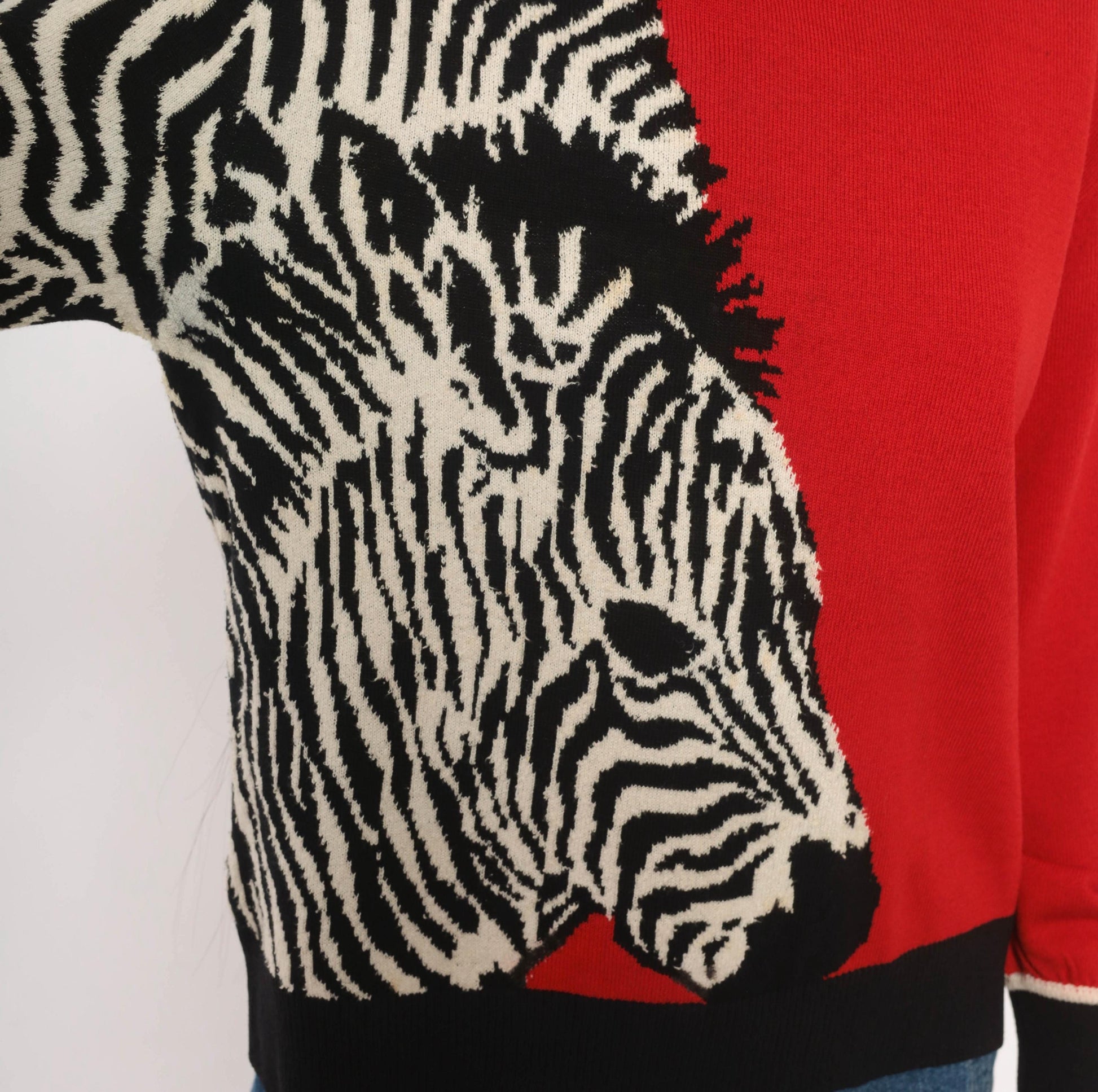 80s St. John Zebra Knit Pullover Red Black Color Block Wool Blend Medium M