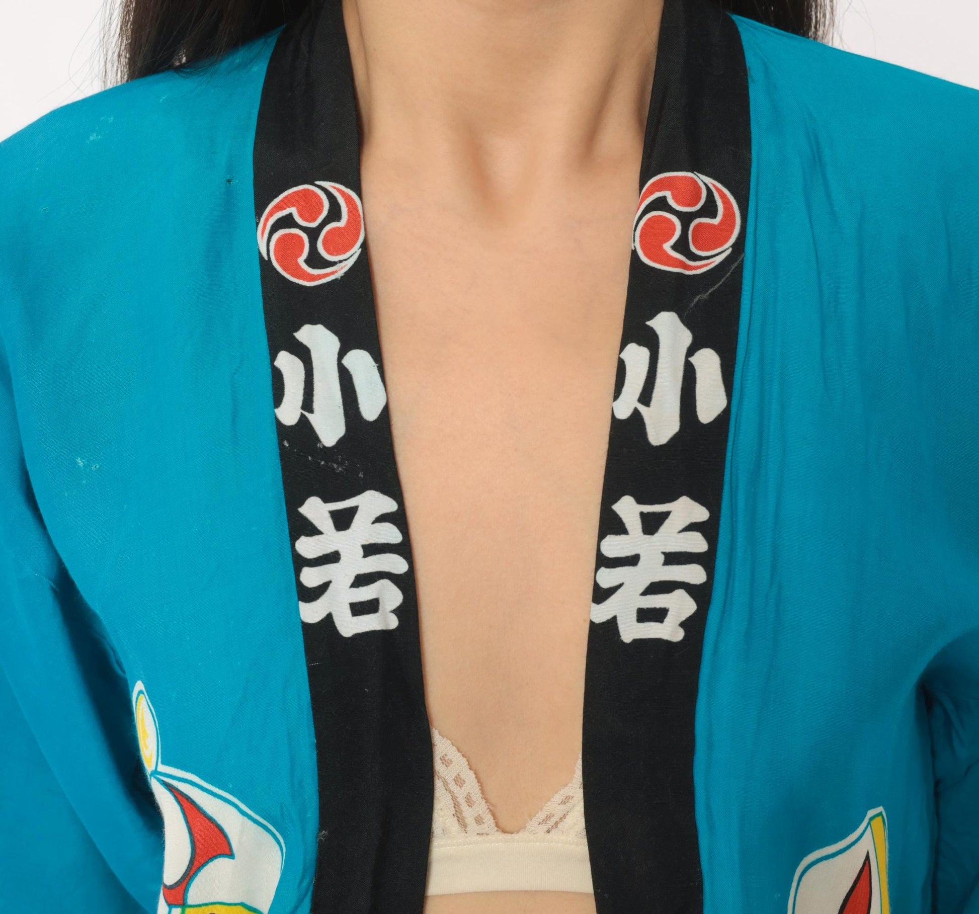 90s Japanese Festival Happi Coat Teal Matsuri Kanji Pinwheel Lantern Open Front Extra Small