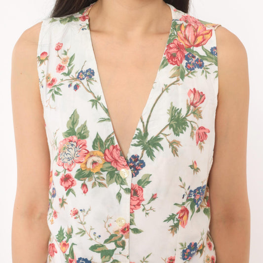 90s Capacity Floral Button Vest White Pink Rose Botanical Medium M