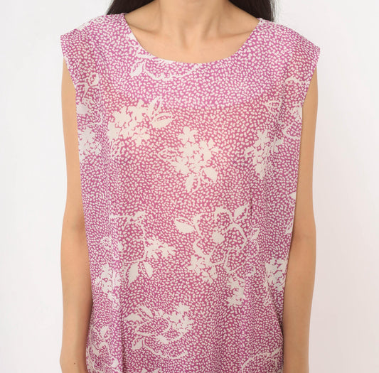 80s California Looks Floral Drop Waist Dress Purple White Knee Length XL