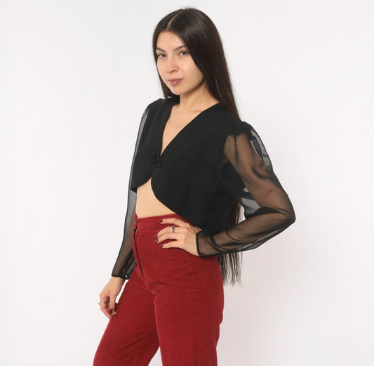 90s Black Bolero Jacket Chiffon Puff Sleeve V Neck Beaded Cropped Medium M