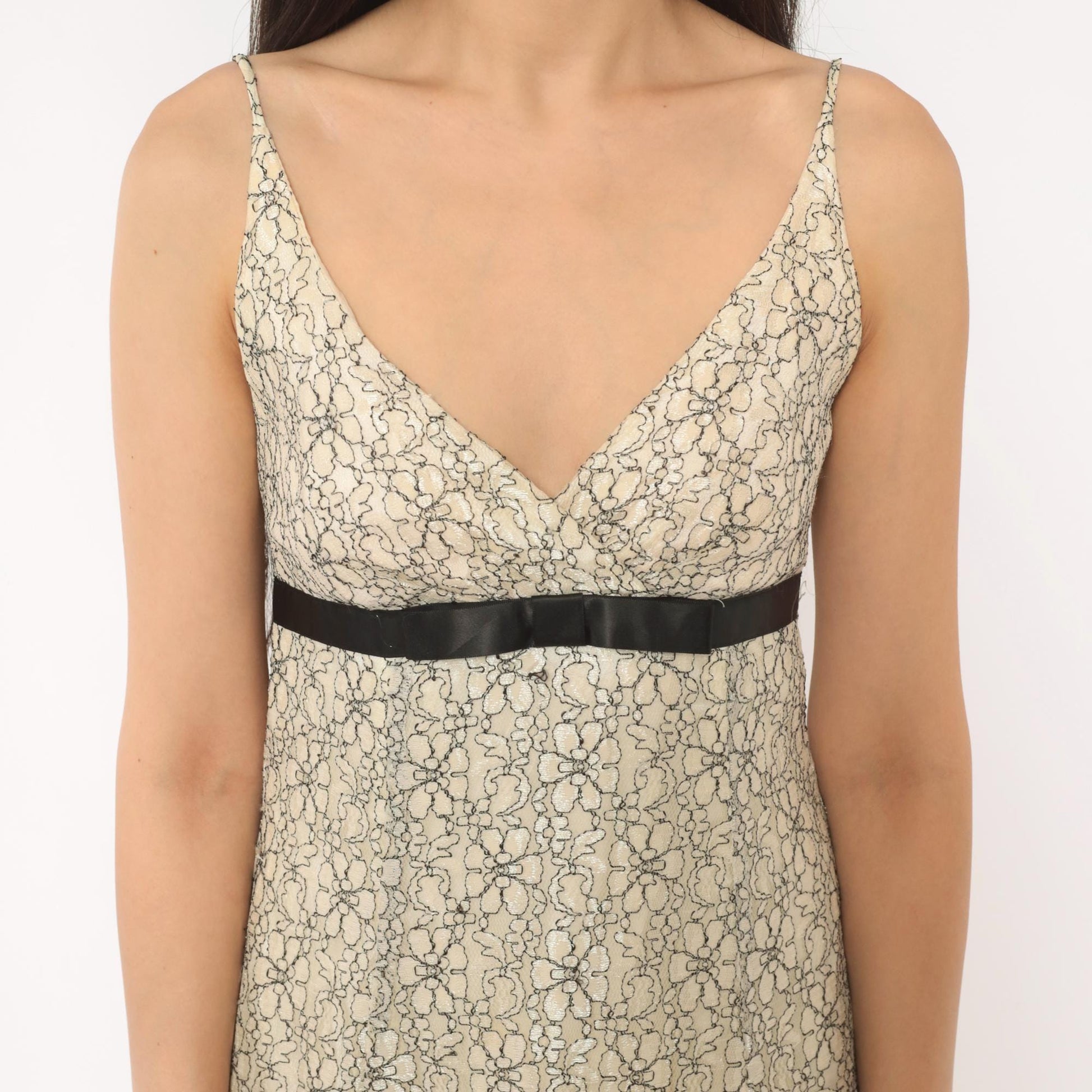 Y2K Intrigue Lace Floral Sundress Cream Black Satin Ribbon Empire Waist Extra Small XS