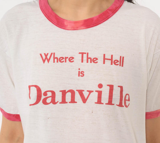 80s Where The Hell Is Danville Ringer Tee White Pink Cotton Graphic Medium