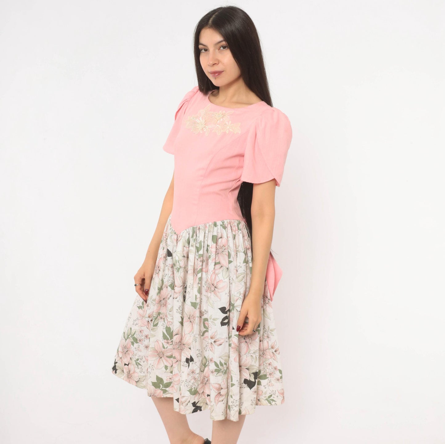 80s Pink Floral Puff Sleeve Dress Bow Back Drop Waist Cotton Small