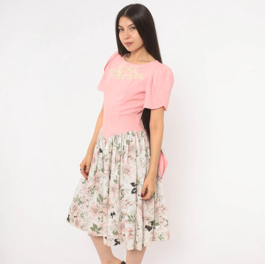 80s Pink Floral Puff Sleeve Dress Bow Back Drop Waist Cotton Small
