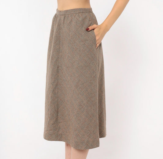 1970s Glen Plaid Wool A-Line Midi Skirt Brown Tan Check Extra Small XS