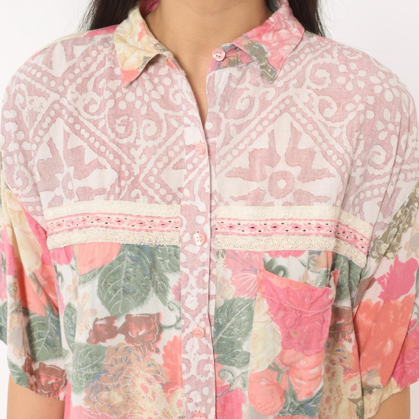90s Hg Ny Floral Button Up Blouse Pink Cream Lace Trim Large L
