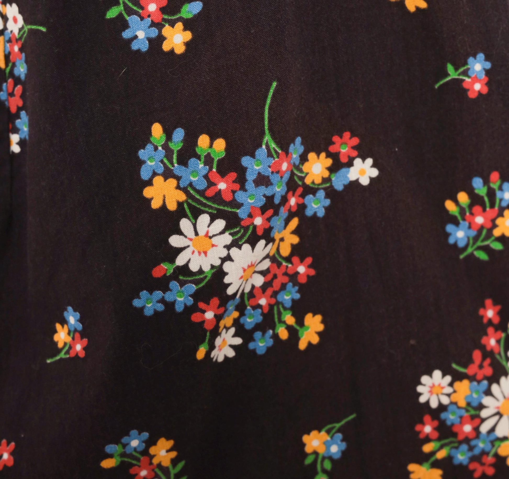 70s Black Floral Suspender Mini Dress Cotton Wildflower Print Small S