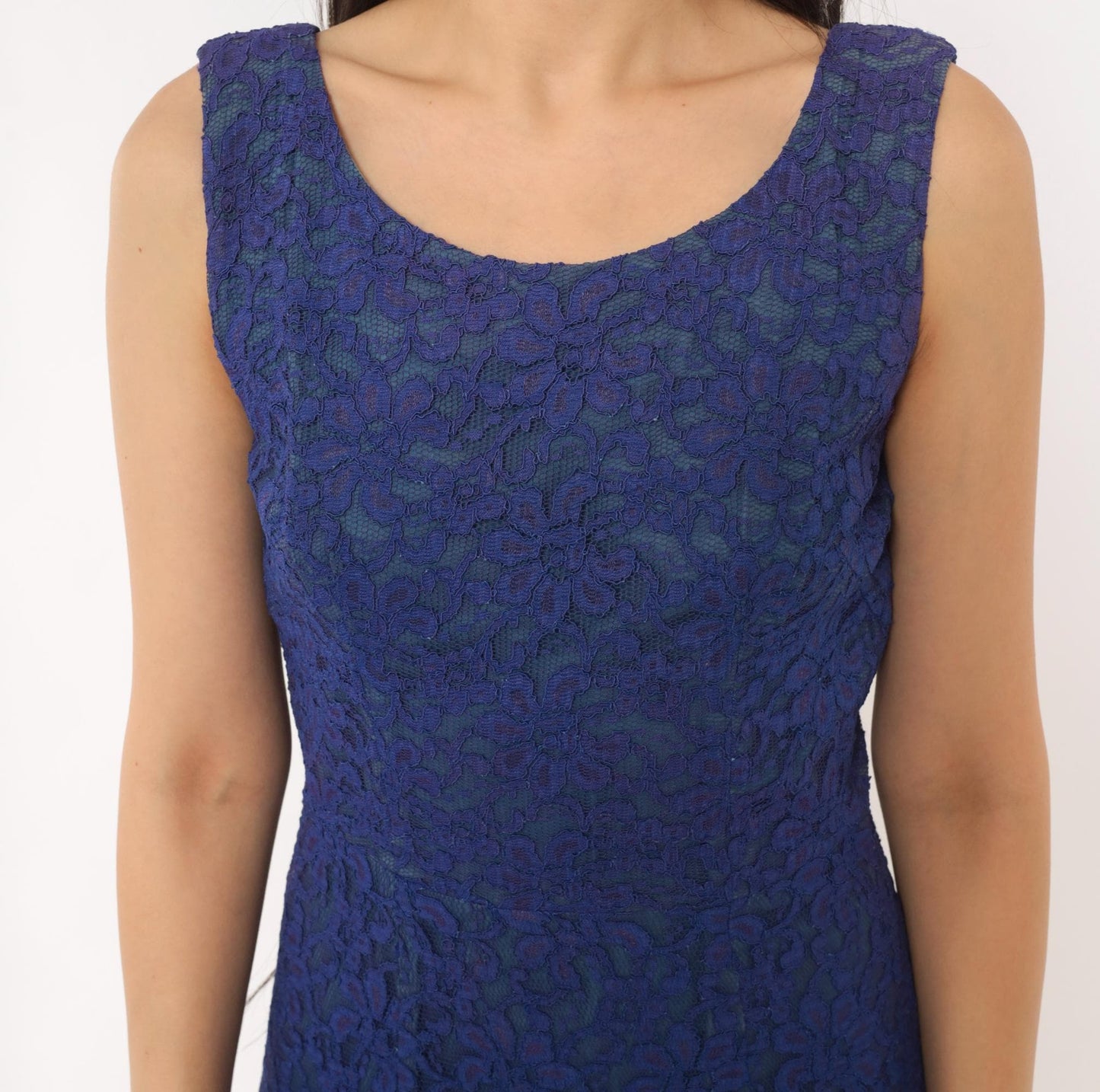 60s Cobalt Lace Sheath Dress Sleeveless Knee-Length Mod Floral Small