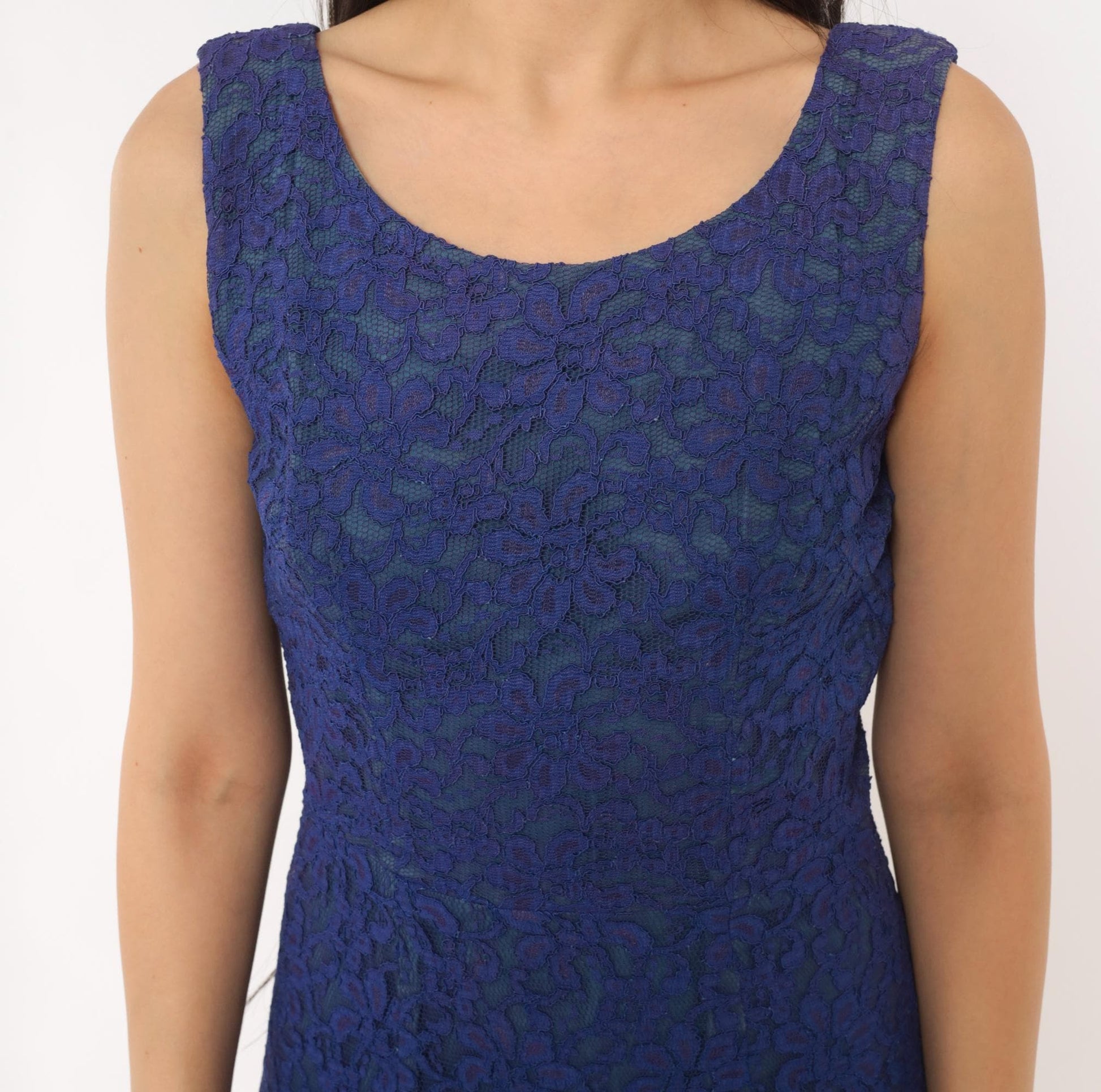 60s Cobalt Lace Sheath Dress Sleeveless Knee-Length Mod Floral Small