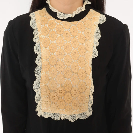 60s Black Mini Shift Dress Cream Lace Bib Mock Neck Ruffle Cuff Extra Small
