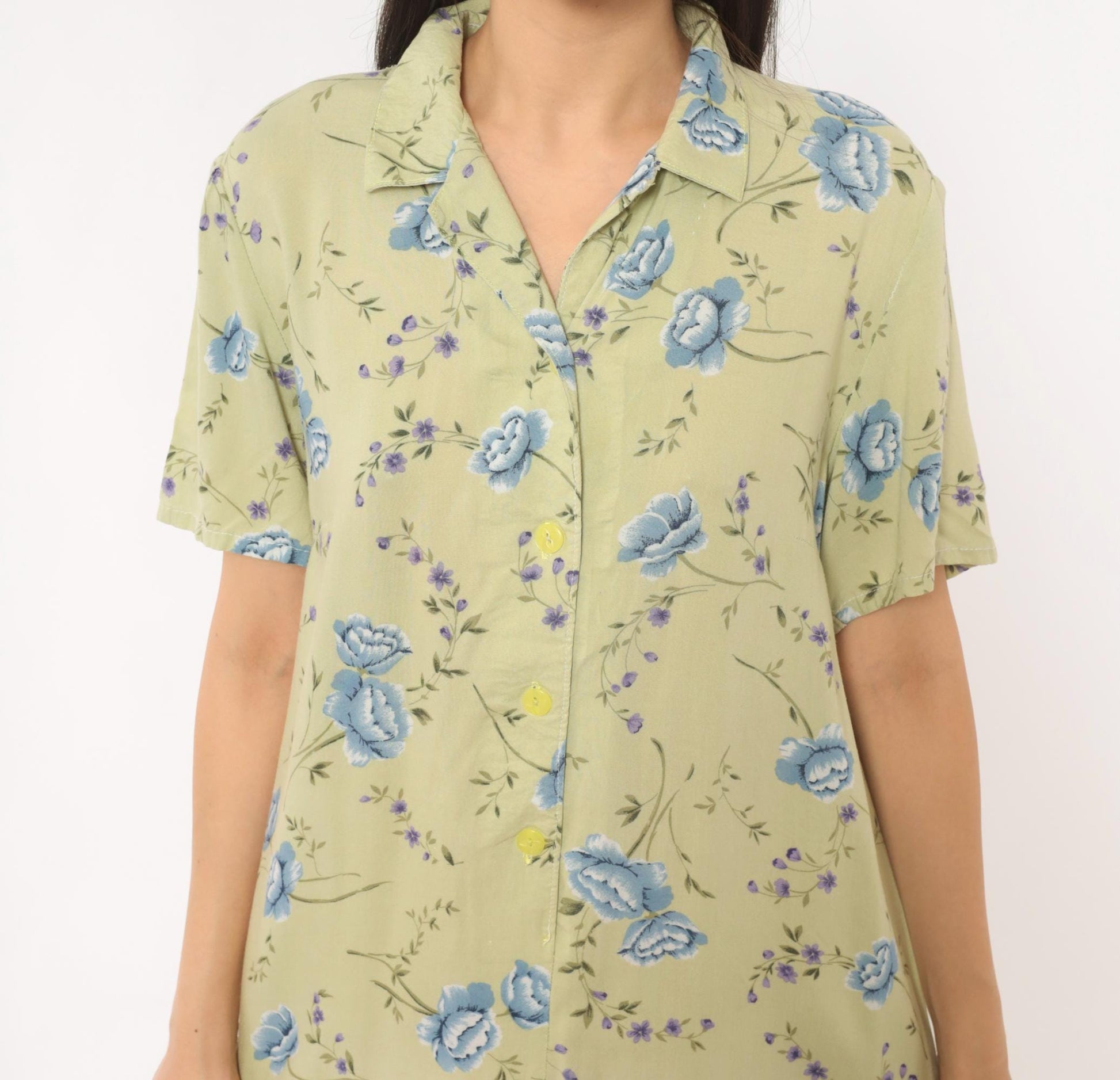 90s Sage Green Floral Shirt Dress Blue Rose Print Midi Medium M