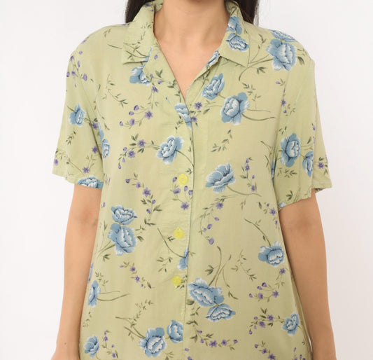 90s Sage Green Floral Shirt Dress Blue Rose Print Midi Medium M