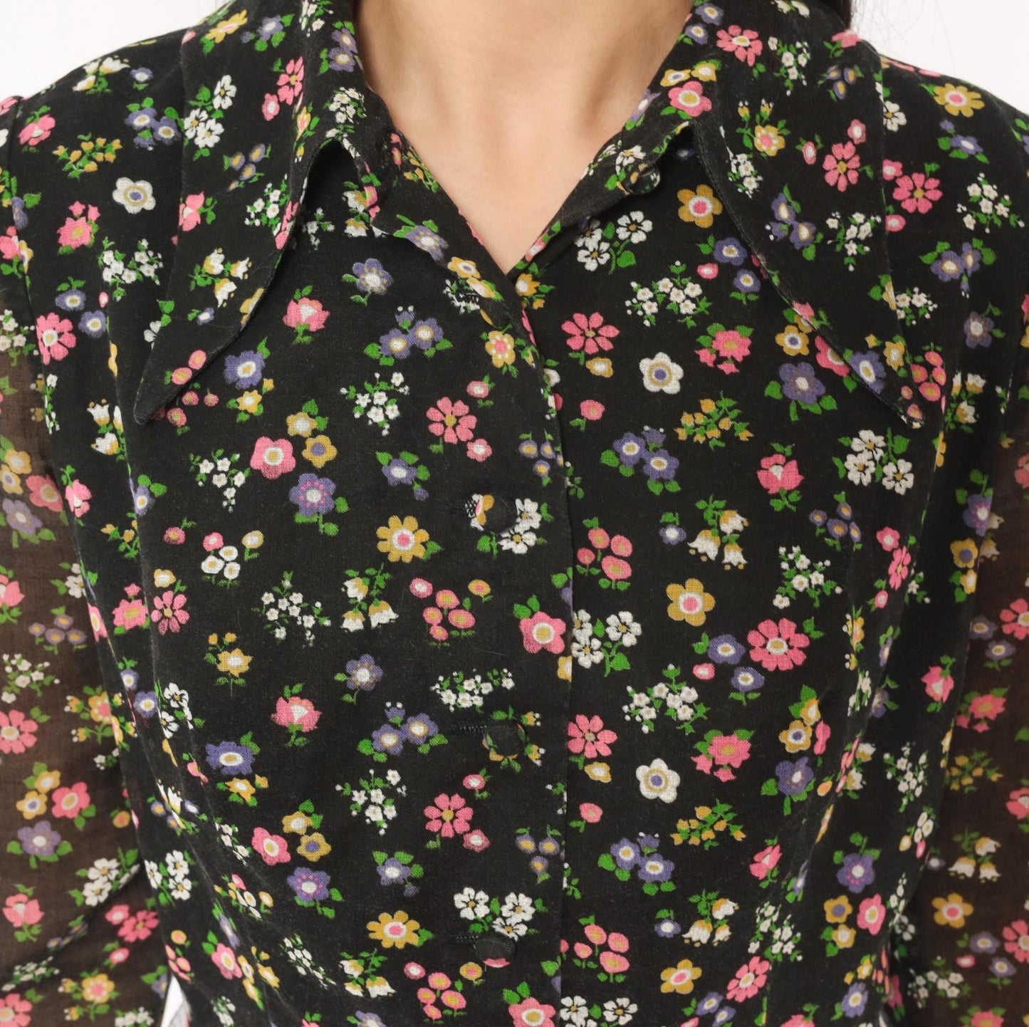 70s Black Floral Two-Tone Shirt Dress White A-Line Knee-Length Small S