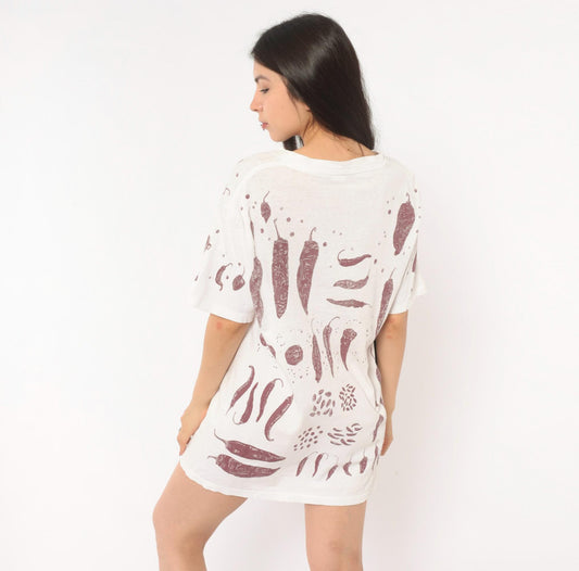 90s Chili Pepper Print Cotton Tee Burgundy White Botanical Graphic Large L