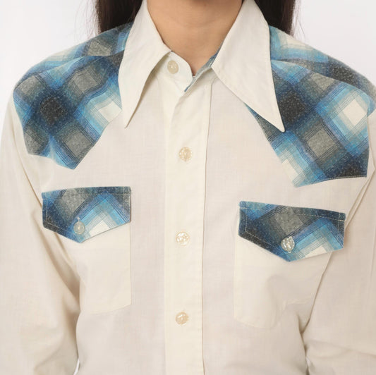 80s Kennington Western Yoke Shirt Blue Plaid Cotton Button-Up Small