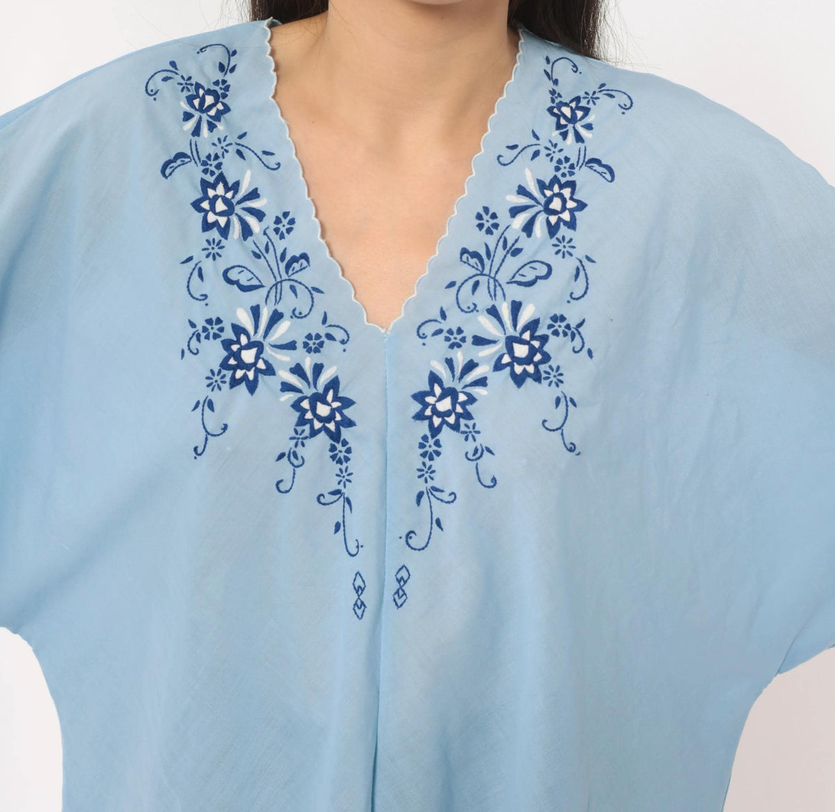 80s Sky Blue Cotton Peasant Blouse Embroidered Floral V Neck Flutter Sleeve Medium Large
