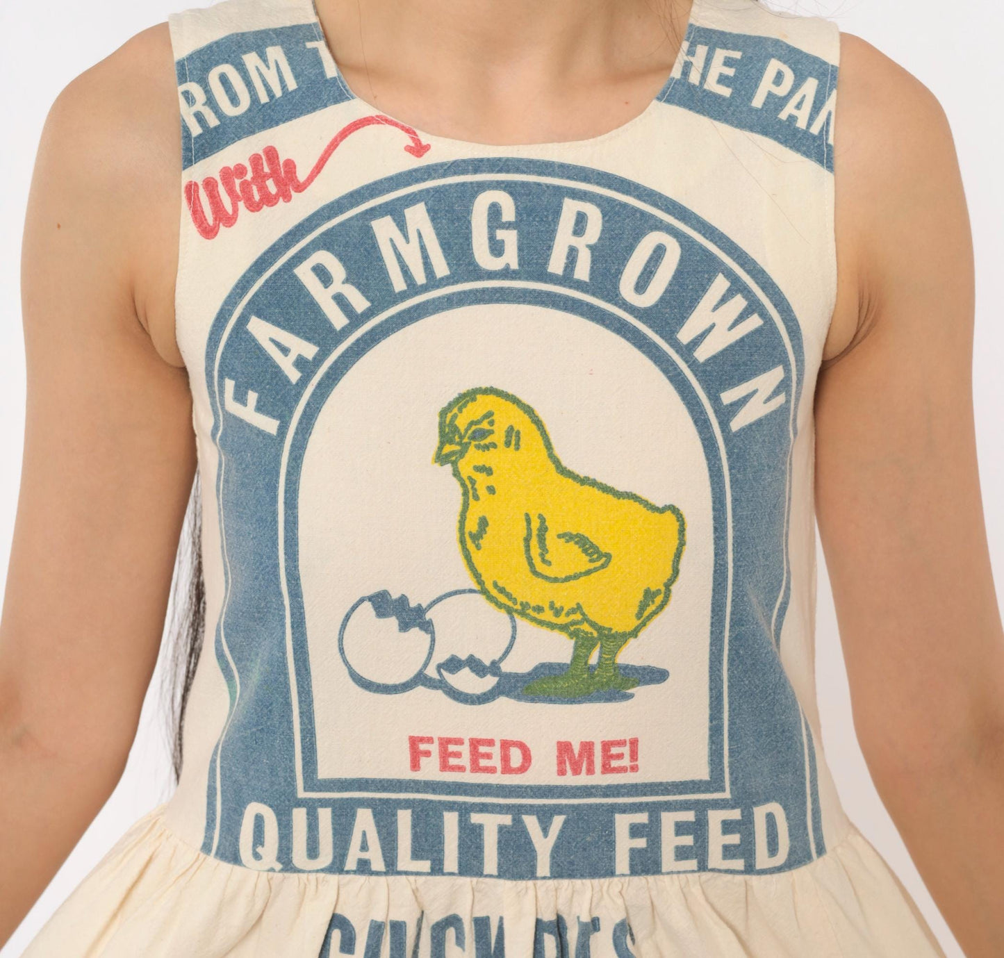 70s Chicken Feed Sack Mini Dress Cotton Cream Yellow Graphic XXS