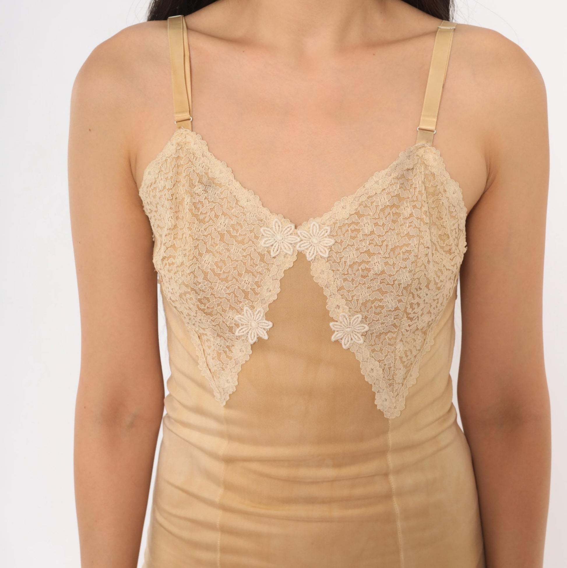 70s Tan Lace Slip Dress Floral Applique V Neck Spaghetti Strap Mini Extra Small