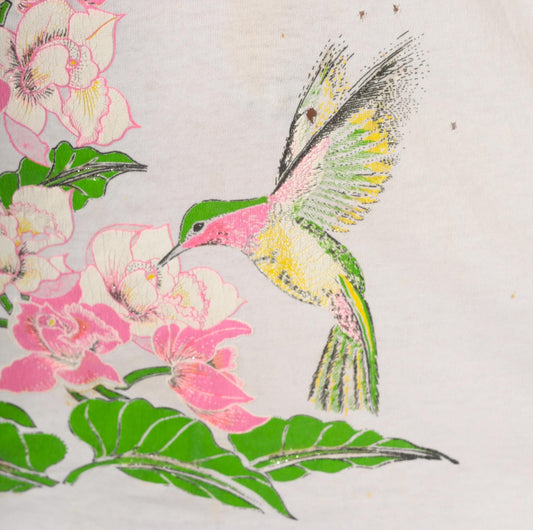 90s Salem Sportswear Hummingbird Floral Crop Top White Cotton Graphic Tee Large