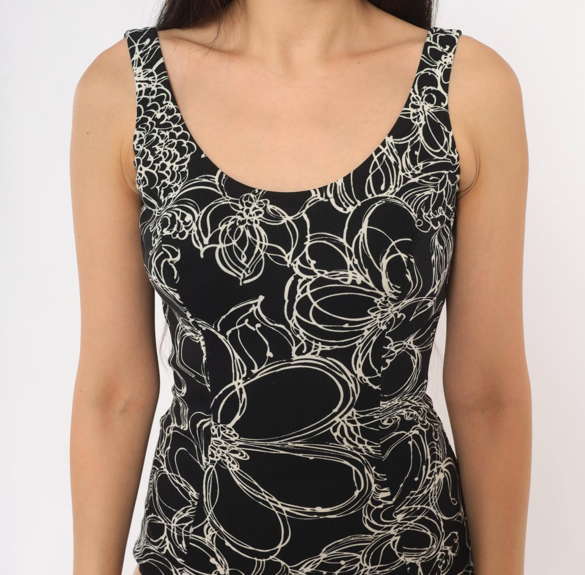 70s Black White Floral Abstract One Piece Swimsuit Low Back Small