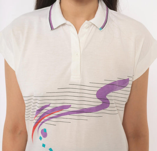 90s Tail P Polo Shirt Cap Sleeve Geometric Print Cream Small S