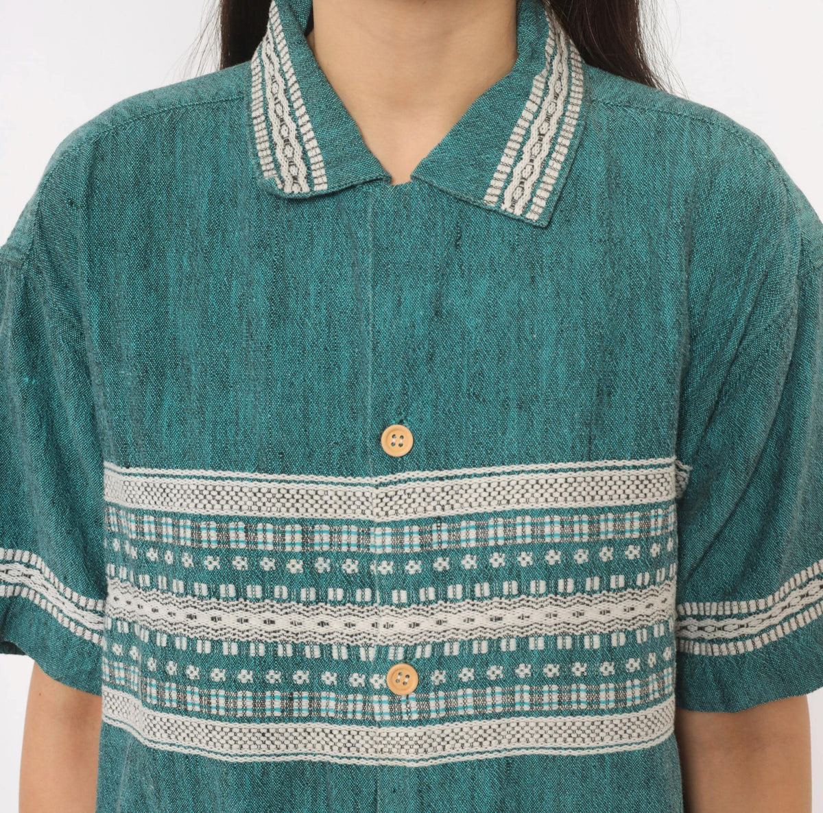 90s Teal Woven Shirt Jacquard Folk Pattern Cotton Collared Camp Large