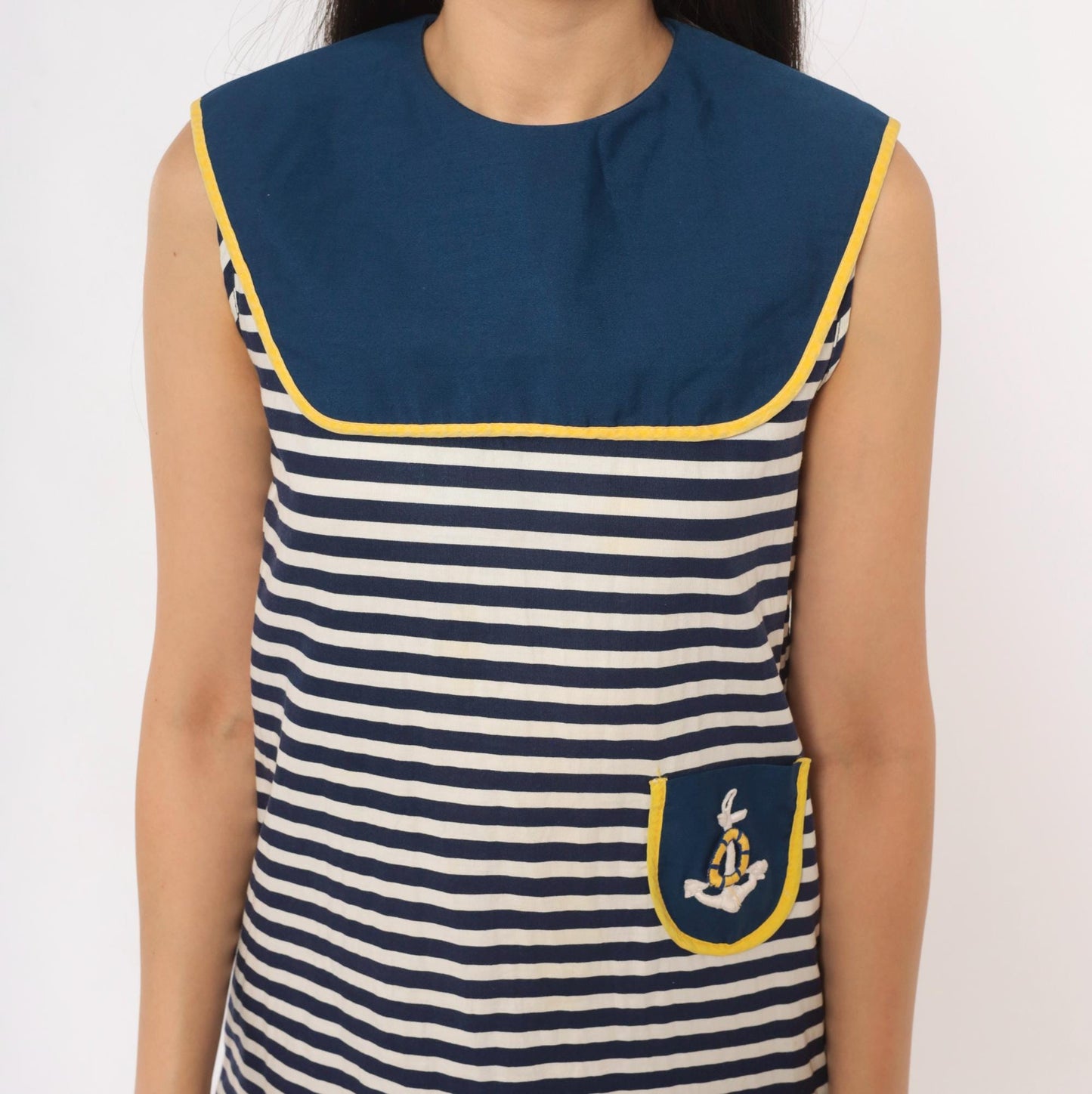 60s Nautical Mini Sailor Dress Navy White Striped Cotton Anchor Embroidered XS