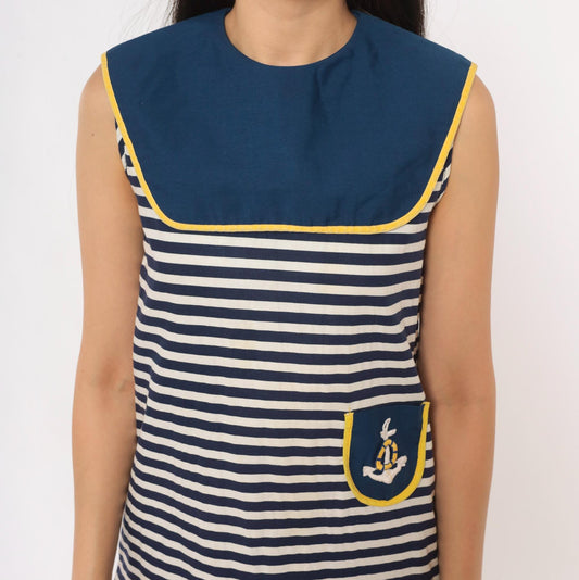 60s Nautical Mini Sailor Dress Navy White Striped Cotton Anchor Embroidered XS