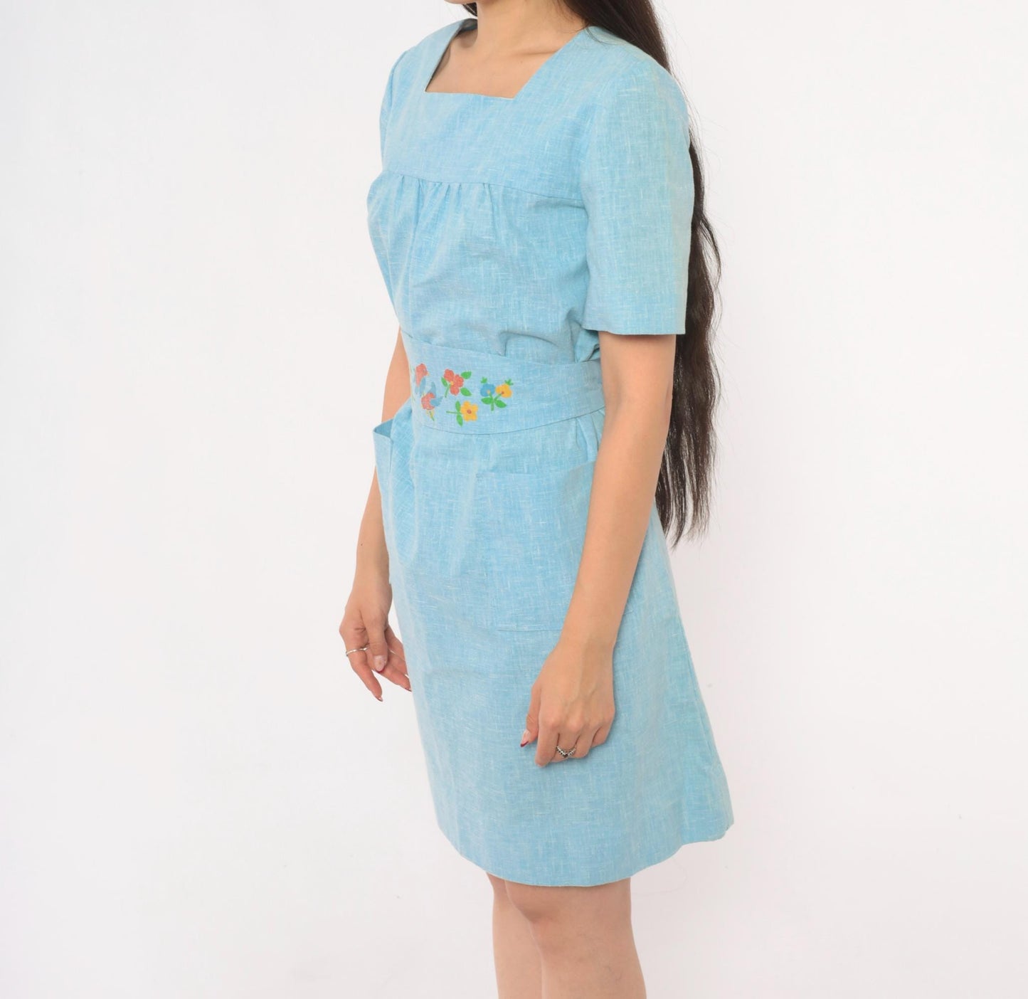 70s Sky Blue Cotton Dress Square Neck Puff Sleeve Bird Floral Print Small