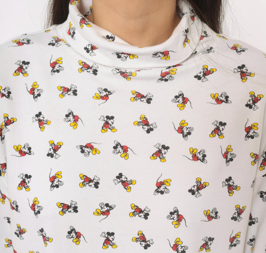 90s Mickey & Co Turtleneck All Over Print White Graphic Long Sleeve Medium M