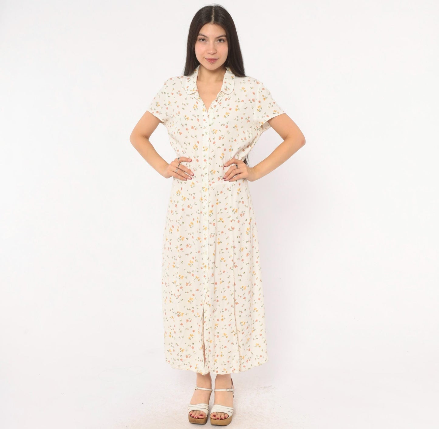 Reformation Ditsy Floral Maxi Dress Cream Pink Button Front Collared Large