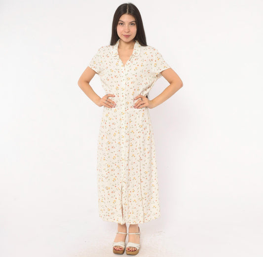 Reformation Ditsy Floral Maxi Dress Cream Pink Button Front Collared Large
