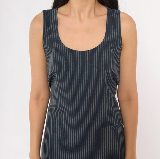 90s Motherhood Navy Pinstripe Maxi Dress Sleeveless A-Line Tie-Back Medium M