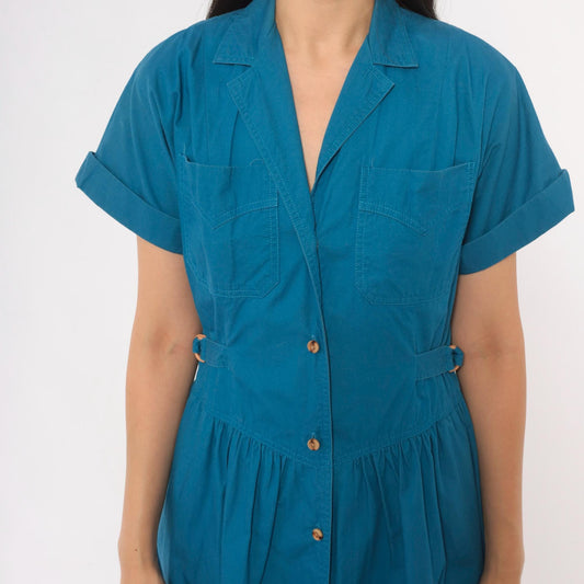 80s Sasson Teal Cotton Midi Shirtdress Gathered Waist Belt Extra Small XS