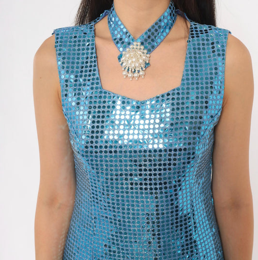 80s Ice Blue Sequin Maxi Dress Choker Neck Keyhole Sleeveless Small
