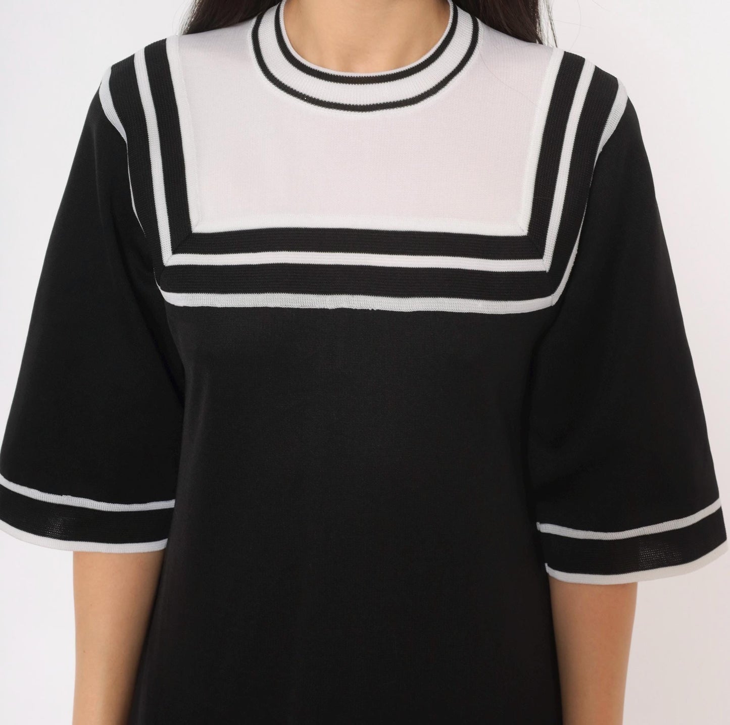 70s Roncelli Sailor Collar Knit Shift Dress Black White Mini Small