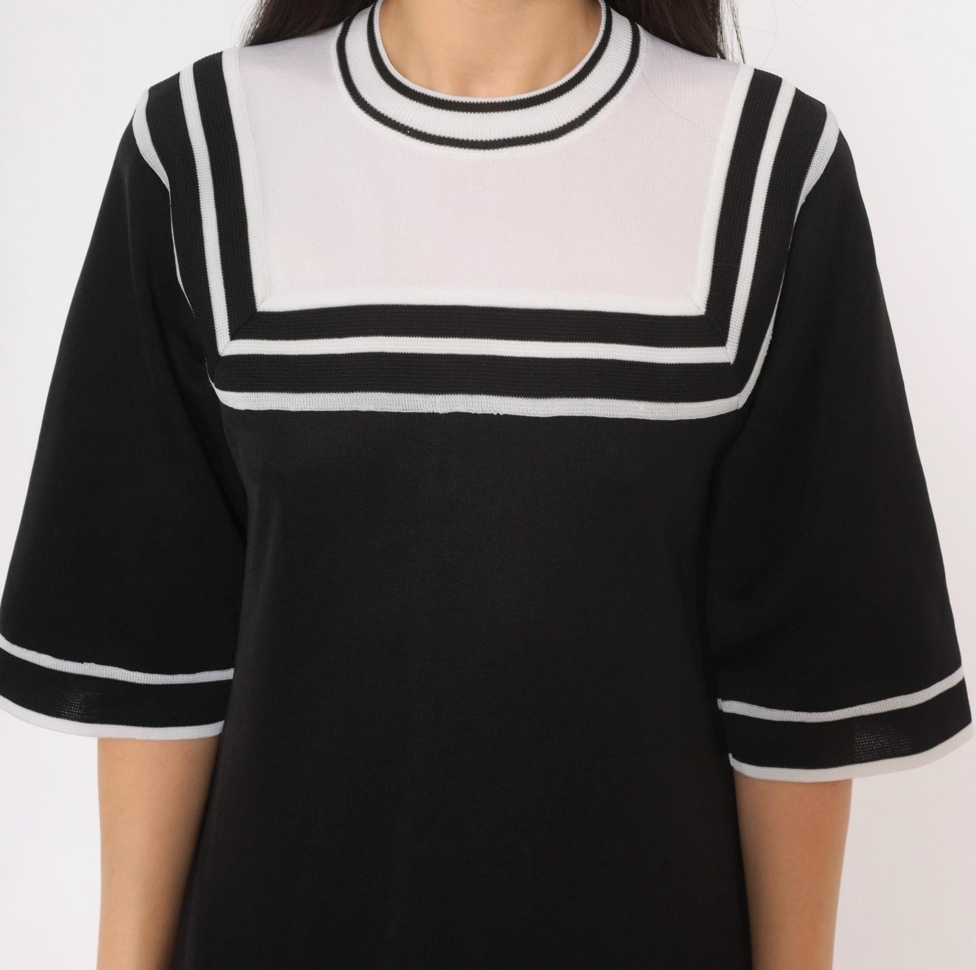70s Roncelli Sailor Collar Knit Shift Dress Black White Mini Small