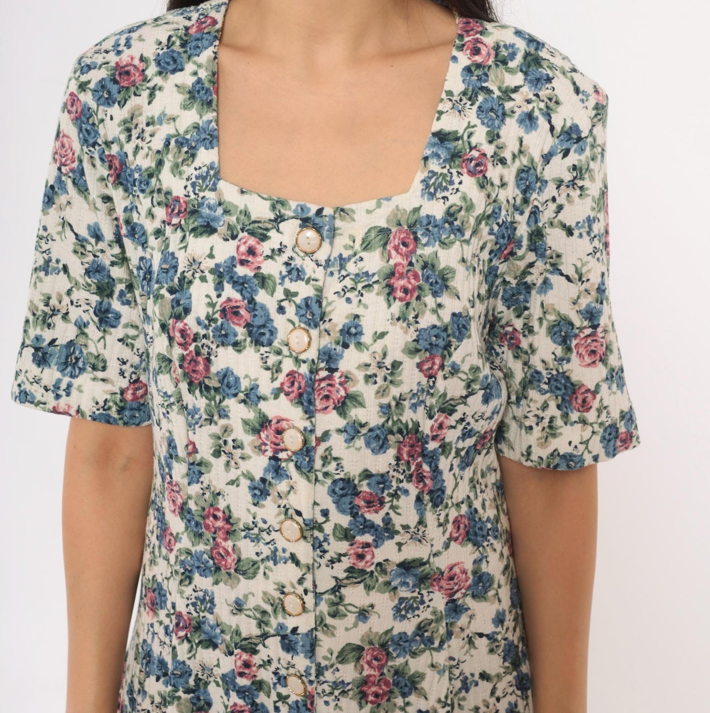 90s Floral Button Front Romper Square Neck Blue Pink Rose Ivory Medium M