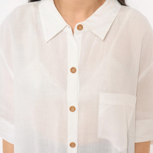90s Ashley Stewart Ramie Button Front Shirt White Sheer Pointed Collar Plus Size 24