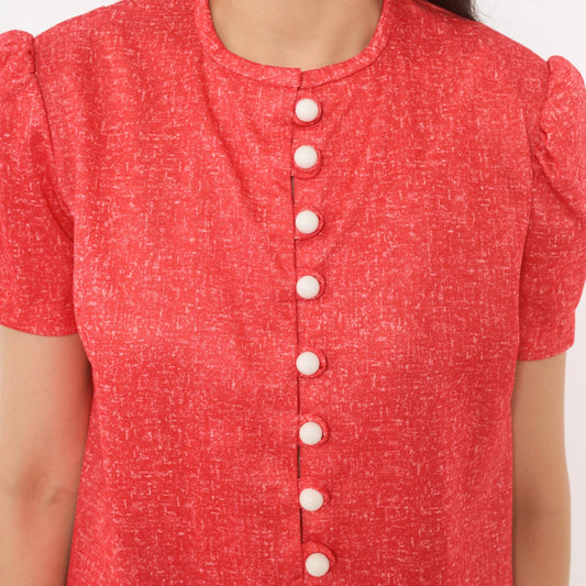 70s Red Puff Sleeve Blouse White Button Front Mandarin Collar Medium M
