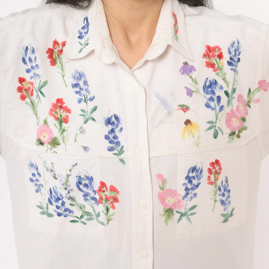 90s Ol' Paint Hand-Painted Wildflower Hummingbird White Cotton Button-Up Medium