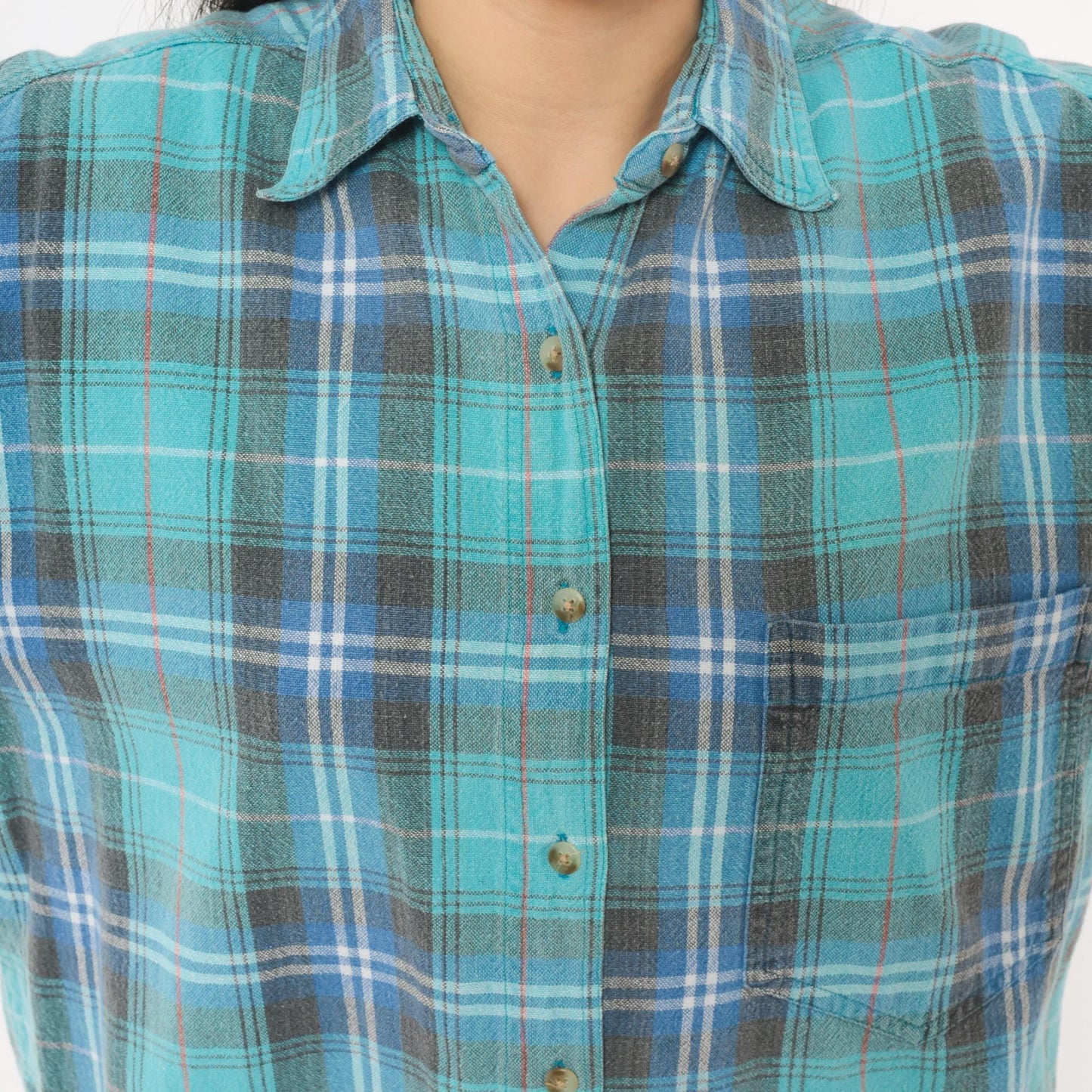 90s Quizz Plaid Flannel Shirt Teal Blue Grey Cotton Button-Up Medium
