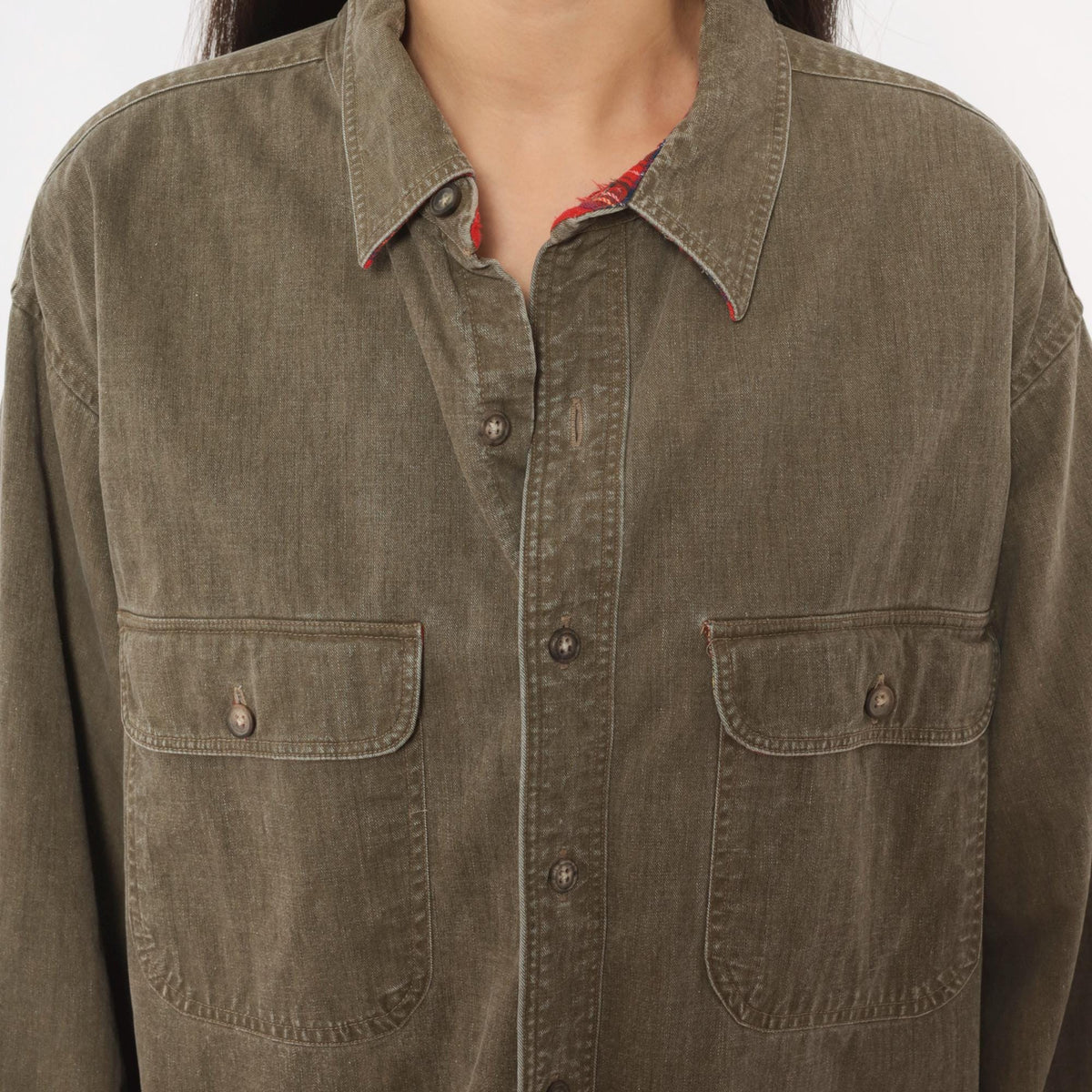 90s L.L.Bean Flannel Lined Work Shirt Olive Denim Cotton Button Front Extra Large XL