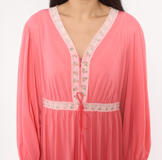 70s Coral Pink Maxi Robe Floral Lace Trim V-Neck Balloon Sleeve Large L