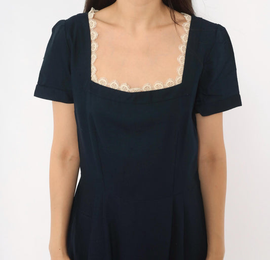 60s Navy Dress Square Neck Lace Trim A-Line Short Sleeve Side Zip Medium M